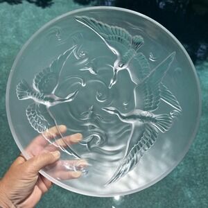 Verlys France Art Deco Glass Bowl Platter Birds and Koi Fish Vintage 30s AS IS